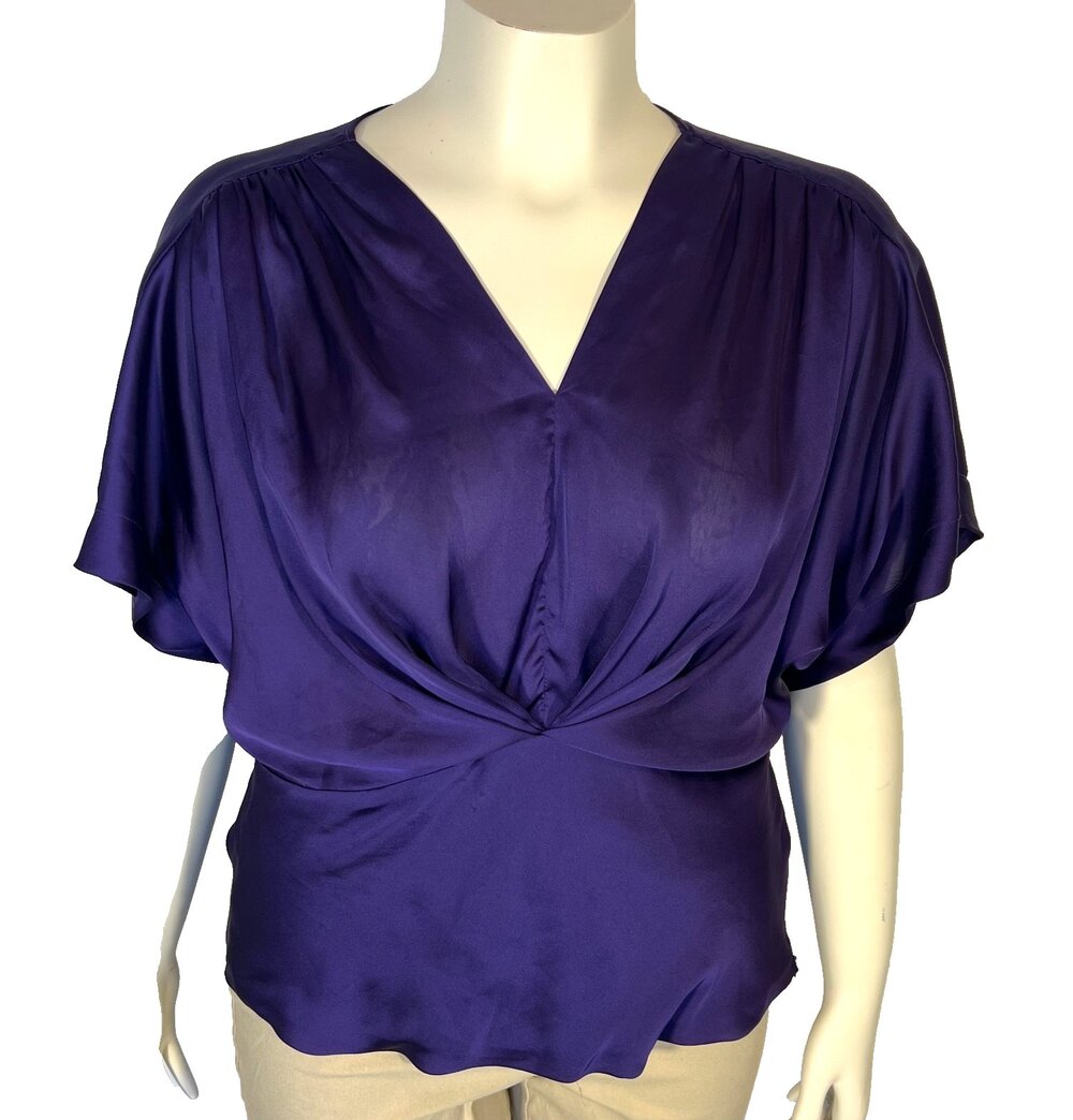 Neiman Marcus Blouse Womens XL Purple V-Neck Peplum Dolman Short Sleeve